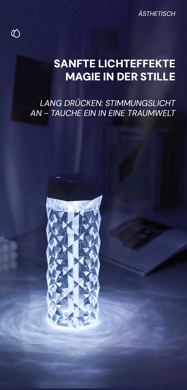 Goldsaff Kristall Luftbefeuchter | 20h Intervall | Elegantes Schlankes Design | Automatische Abschaltung | Schlafzimmer, Büro & Wohnzimmer