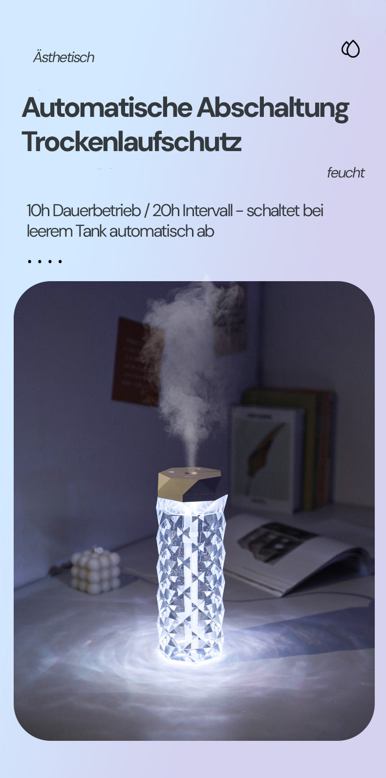 Goldsaff Kristall Luftbefeuchter | 20h Intervall | Elegantes Schlankes Design | Automatische Abschaltung | Schlafzimmer, Büro & Wohnzimmer