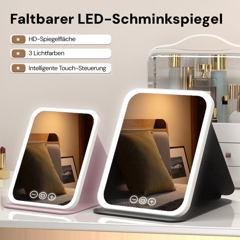 Goldsaff LED Schminkspiegel Faltbar | 3 Lichtmodi | Touch-Steuerung | USB-C Aufladbar | Kosmetikspiegel für Zuhause & Reise
