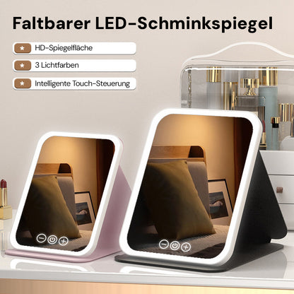 Goldsaff LED Schminkspiegel Faltbar | 3 Lichtmodi | Touch-Steuerung | USB-C Aufladbar | Kosmetikspiegel für Zuhause & Reise