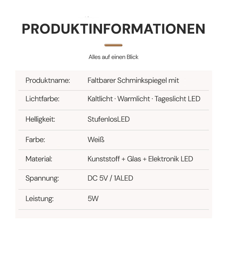 Goldsaff LED Schminkspiegel Faltbar | 3 Lichtmodi | Touch-Steuerung | USB-C Aufladbar | Kosmetikspiegel für Zuhause & Reise