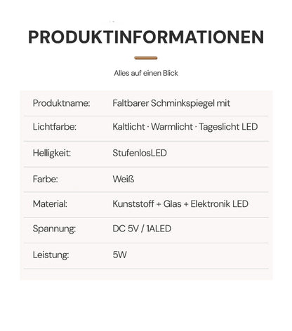 Goldsaff LED Schminkspiegel Faltbar | 3 Lichtmodi | Touch-Steuerung | USB-C Aufladbar | Kosmetikspiegel für Zuhause & Reise